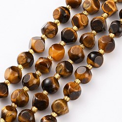 Tiger Eye Natural Tiger Eye Beads Strands, with Seed Beads, Six Sided Celestial Dice, Faceted, 6~6.5x6~6.5mm, Hole: 1mm, about 50pcs/strand, 15.75 inch(40cm)