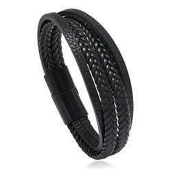 Black skin, black color, 22cm Minimalist Braided Leather Magnetic Clasp Bracelet for Men - Retro and Trendy Design
