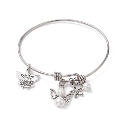 Antique Silver 304 Stainless Steel Expandable Bangle, Lucky Angel Fairy Shell Pearl & Alloy Charms Bangle, Antique Silver, Inner Diameter: 2-1/8~2-1/4x2-1/2~2-1/2 inch(5.5~57x6.3~6.5cm)