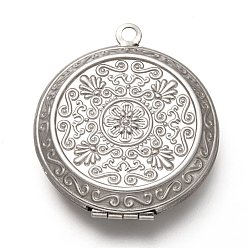 Stainless Steel Color 316 Stainless Steel Locket Pendants, Photo Frame Charms for Necklaces, Flat Round with Flower, Stainless Steel Color, 35x31x8mm, Hole: 2.4mm, Inner Diameter: 23mm