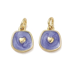 Lila Messing Emaille-Anhänger, Nuggets mit Herzanhängern, mit Glitzerpulver, cadmiumfrei und bleifrei, Gestell, langlebig überzogen, echt 18 k vergoldet, lila, 11x9x2 mm, Bohrung: 3 mm