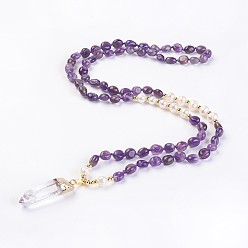 Amethyst Natural Amethyst and Natural Quartz Crystal Pendant Necklaces, with Pearl and Brass Findings, Bullet, 31.5 inch~32.3 inch(80~82cm), Pendant: 45~55x15x10mm