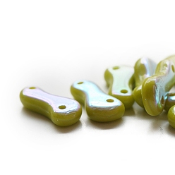 Yellow Green Half Electroplated Opaque Czech Glass Beads, 2-Hole, Dog Bone Shape, Yellow Green, 10x5mm, 10pcs/bag