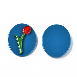 Marine Blue Opaque Acrylic & Resin Cabochons, Oval with Flower, Marine Blue, 30x25x5mm