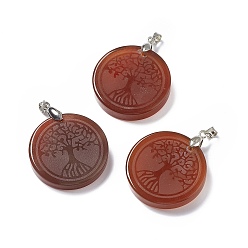 Carnelian Natural Carnelian Pendants, Flat Round Charms with Tree of Life Pattern, with Rack Plating Platinum Tone Brass Findings, Cadmium Free & Lead Free, 30x4~8mm, Hole: 4x4mm