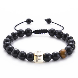 F Square Gemstone Letter Bracelet with Natural Agate and Tiger Eye Beads - A to Z Alphabet Design