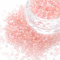 Pink Glass Bugle Beads, Transparent Colours Rainbow, Pink, 2.5~3x2mm, Hole: 0.9mm, about 15000pcs/pound