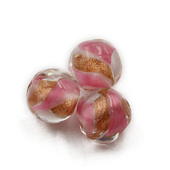 Pink Czech Glass Beads, with Gold Glitter Powder, Irregular Round, Pink, 10mm