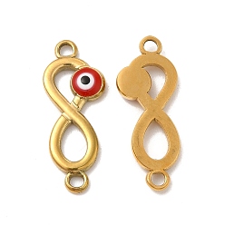 Red 201 Stainless Steel Enamel Connector Charms, Real 24K Gold Plated, Infinity Links with Evil Eye, Red, 24x9x2.5mm, Hole: 1.8mm