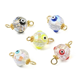 Mixed Color Transparent Evil Eye Glass Connector Charms, Faceted Round Links with Alloy Daisy Spacer Beads and Golden Plated 304 Stainless Steel Loops, Mixed Color, 18x10.5x9.5mm, Hole: 1.4~2.4mm