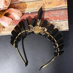 Obsidian Hollow Triple Moon Metal Hair Bands, Raw Natural Obsidian Wrapped Hair Hoop for Bridal Crown Hair Accessories, 185x155x20mm