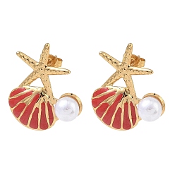 Красный 304 серьги-гвоздики из нержавеющей стали для женщин, с эмалевыми и пластиковыми бусинами, имитирующими жемчуг, морская звезда в форме ракушки, ионное покрытие (ip), реальный 18 k позолоченный, красные, 26x22 мм