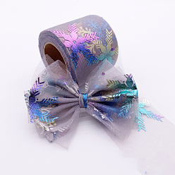 Gray 25 Yards Christmas Polyester Deco Mesh Ribbon, Hot Stamping Snowflake Tulle Fabric, for Bowknot Making, Gray, 60mm