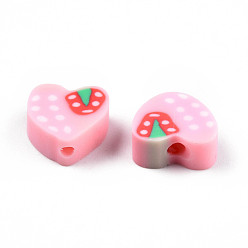 Pink Handmade Polymer Clay Beads, Heart with Strawberry Pattern, Pink, 7~10x8~10.5x4~5mm, Hole: 1.5mm