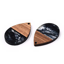 Black Transparent Resin & Walnut Wood Pendants, Teardrop Charms, Black, 36x24.5x3.5mm, Hole: 2mm