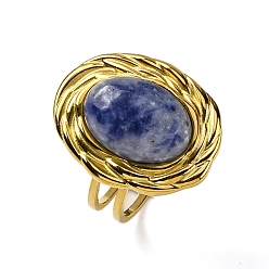 (306FM) Жонкиль матовый с лаймовой подкладкой Овальные кольца из натуральной яшмы с синими пятнами, 304 из нержавеющей стали Манжета кольца для женщин, золотые, овальный : 22x17.5 mm, регулируемый