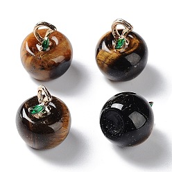 Tiger Eye Natural Tiger Eye Pendants, with Alloy Enamel Loops, Apple, for Teacher's Day, 16x14mm, Hole: 4x2mm