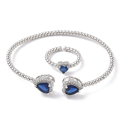 Темно-Синий Комплекты браслетов и колец из латуни с микропаве из кубического циркония для женщин, стойки покрытие, платина, темно-синий, браслет: 3~12ширина мм, внутренний диаметр: 61x50 мм