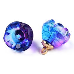 Blue Violet Transparent Spray Painted Glass Charms, with Light Gold Plated Brass Findings, Two Tone, Flower, Blue Violet, 14x13x13mm, Hole: 2mm