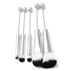 Silver Beadable Makeup Brushes Set, Artificial Fiber Cosmetic Brushes Bristles, with Iron Handle, Silver, 12.5~15.5cm, 5pcs/set