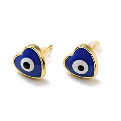 Medium Blue Heart with Evil Eye Enamel Stud Earrings, Gold Plated Brass Jewelry for Women, Cadmium Free & Lead Free, Medium Blue, 9.5x9.5mm, Pin: 0.8mm