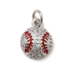 Красный Стойки обшивки латунные подвески, с кубического циркония и эмали, бейсбол прелести, долговечный, без свинца и без кадмия, с целью перехода в кольце, платина, красные, 12.5x10x5 мм, отверстие : 3.5 мм