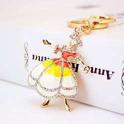 Orange Red KC Gold Tone Plated Alloy Keychains, with Crystal Rhinestone and Enamel, Ballet Dancer, Orange Red, 12.4cm
