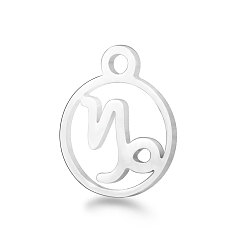 Capricorn 201 Stainless Steel Charms, Flat Round with Constellation, Stainless Steel Color, Capricorn, 13.4x10.8x1mm, Hole: 1.5mm