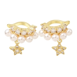 Claro Pendientes de latón micro pave zirconia cúbicos, estrella, con perla de plástico abs para mujer, chapado en rack, larga duración plateado, sin plomo y cadmio, real 18 k chapado en oro, Claro, 18x18x16 mm
