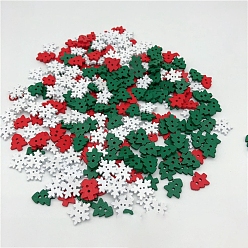 Mixed Color Christmas Snowflake & Tree Wooden Buttons, 2-Hole, Garment Accessories, Mixed Color, 18mm, 100pcs/bag