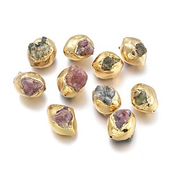 Tourmaline Natural Tourmaline Beads, with Golden Plated Brass Edge, Rough Raw Stone, Nuggets, 20~21.5x15~16x15.5~22mm, Hole: 1.2mm