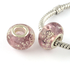 Pale Violet Red Glow In The Dark Handmade Luminous Style Lampwork Large Hole European Beads, with Silver Tone Brass Cores, Rondelle, Pale Violet Red, 14x9~10mm, Hole: 5mm