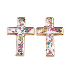 Golden Epoxy Resin Pendants, with Dried Flower Inside and Alloy Findings, Cross, Golden, 26x17x1.5mm