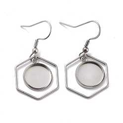 Stainless Steel Color 201 Stainless Steel Earring Hooks, with Hexagon Blank Pendant Trays, Flat Round Setting for Cabochon, Stainless Steel Color, 38mm, 22 Gauge, Pin: 0.6mm