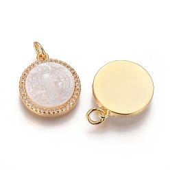 Golden Brass Pendants, with Micro Pave Cubic Zirconia, Shell and Jump Rings, Flat Round with Saint Benedict, Clear, Golden, 18x15x3mm, Hole: 3mm