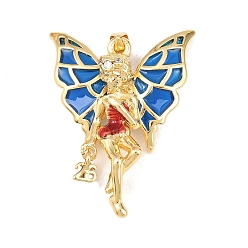 Синий Латунные микро проложить кубического циркония подвески, амулеты ангелов и фей, с эмалью, долговечный, стойки покрытие, без свинца и без кадмия, реальный 18 k позолоченный, синие, 35x26.5x7.5 мм, отверстие : 4x3.5 мм