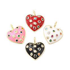 Mixed Color Real 16K Gold Plated Brass Micro Pave Colorful Cubic Zirconia Pendants, with Enamel, Heart Charms, Mixed Color, 17x14x3.5mm, Hole: 3.5x1.5mm