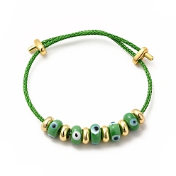 Светло-зеленый Браслет лэмпворк сглаз и латунные бусы, регулируемый браслет из нержавеющей стали для женщин, светло-зеленый, внутренний диаметр: 2-1/8~3-3/8 дюйм (5.5~8.5 см)