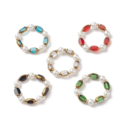 Mixed Color Glass Edge Plated Oval & Imitation Pearl Beaded Stretch Rings, 304 Stainless Steel Bead Jewelry for Women, Mixed Color, Inner Diameter: US Size 14(23mm)