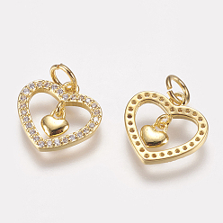 Golden Brass Micro Pave Cubic Zirconia Charms, Heart, Golden, 12x12.5x1.7mm, Hole: 3mm