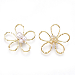 Real 18K Gold Plated Brass Wire Beads, with ABS Plastic Imitation Pearl, Flower, Creamy White, Real 18K Gold Plated, 25.5x27.5x7.5mm
