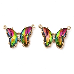 Colorful Brass Pave Faceted Glass Connector Charms, Golden Tone Butterfly Links, Colorful, 17.5x23x5mm, Hole: 0.9mm