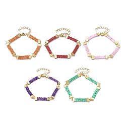 Mixed Color Braided Waxed Polyester Rectangle Link Chain Bracelets, with Real 18K Gold Plated 304 Stainless Steel Clasps, Mixed Color, 6-3/4 inch(17.3cm)