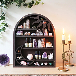 Black Wooden Shelf for Crystals, Witchcraft Floating Wall Shelf, Arch with Sun & Moon, Black, 446x348mm