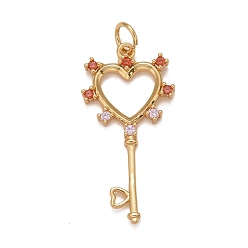 Real 18K Gold Plated Rack Plating Brass Micro Pave Colorful Cubic Zirconia Pendants, Cadmium Free & Nickel Free & Lead Free, Long-Lasting Plated, with Jump Ring, Key, Real 18K Gold Plated, 28x14x2mm, Jump Ring: 5x0.5mm, Inner Diameter: 3.5mm