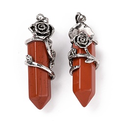 Red Jasper Natural Red Jasper Pointed Big Pendants, with Antique Silver Tone Rose Alloy Findings, Cadmium Free & Lead Free, Faceted, Bullet Charm, 48~50x16mm, Hole: 7x5mm