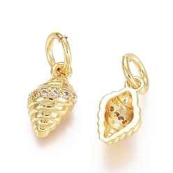 Golden Brass Micro Pave Cubic Zirconia Charms, with Jump Rings, Shell, Clear, Golden, 9.5x6x3mm, Hole: 3.4mm