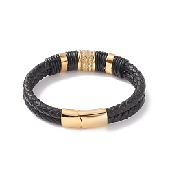 Golden Leather Braided Cord Bracelets, with 304 Stainless Steel Magnetic Clasps, Black, Golden, 8-5/8 inch(22cm), 12.5mm