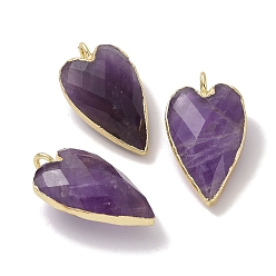 Amethyst Natural Amethyst Pendants, Faceted Heart Charms, with Golden Plated Brass Edge Loops, 22.5x13x7.5mm, Hole: 3mm