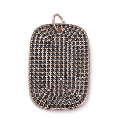Rose Gold Brass Micro Pave Cubic Zirconia Pendants, with Jump Rings, Rectangle, Black, Rose Gold, 36.5x25x2.5mm, Hole: 6mm